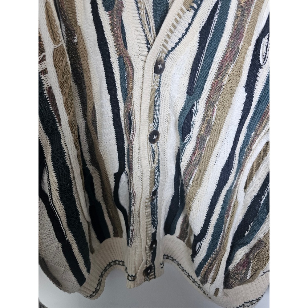 [Grandpacore] J. Ferrar 3D Knit Cardigan Mens Large  Green Striped Coogi Style - Picture 7 of 9